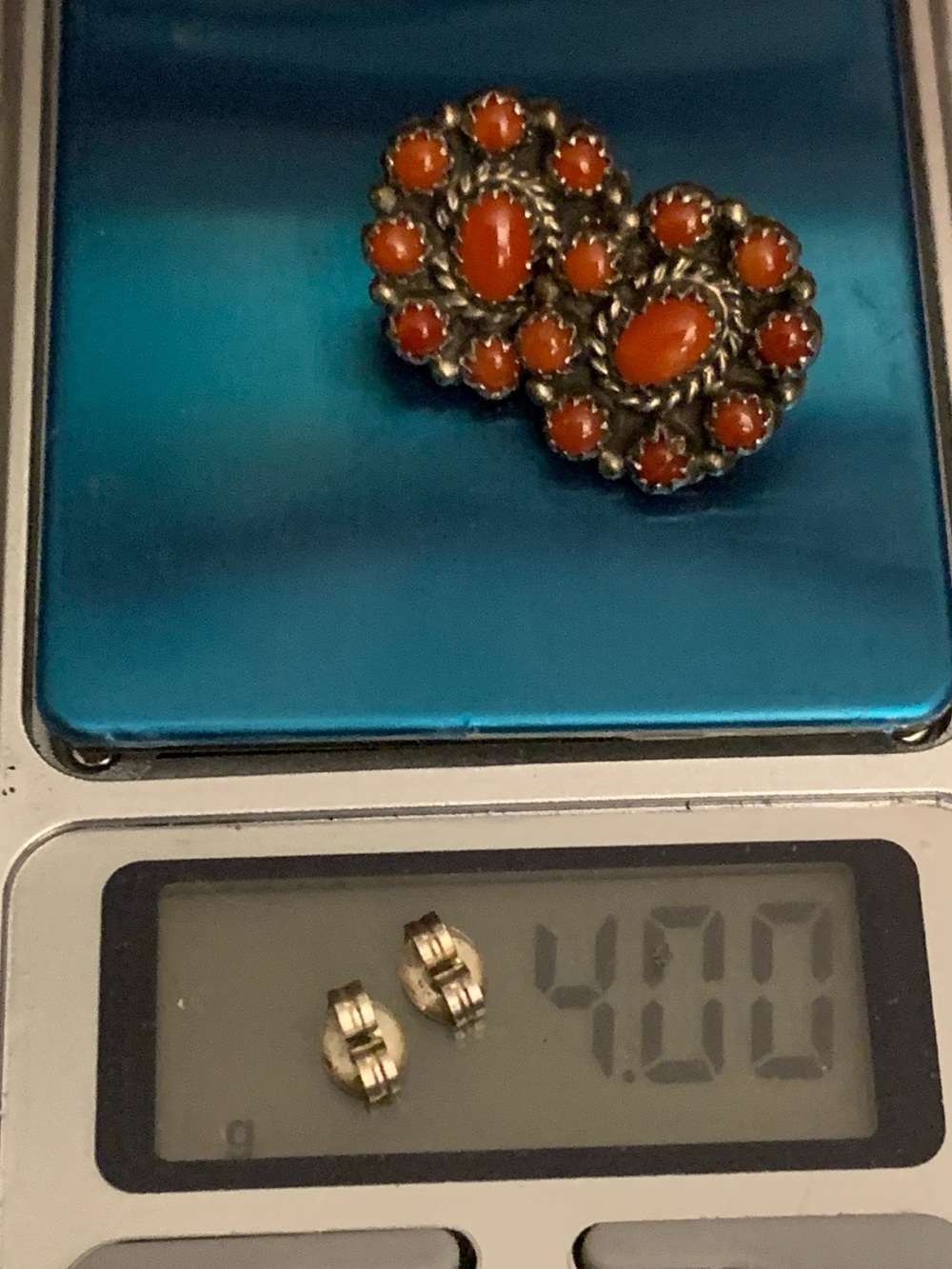 Vintage Zuni Sterling Coral Cluster Earrings - Picture 4 of 4